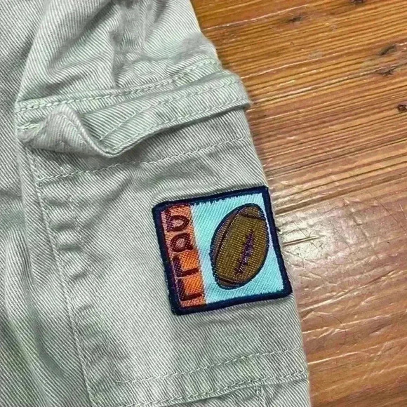 Vintage baby khaki overalls with football patches 7 to 9 months 100% cotton - Picture 3 of 8